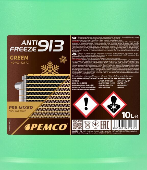 Jahutusvedelik Pemco 913 Green -40°C, 10L hind ja info | Antifriisid ja jahutusvedelikud | kaup24.ee