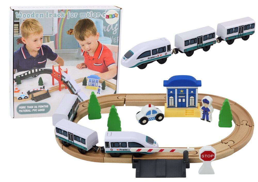 Puidust rongi ja politseiautoga rööbastee komplekt 3,2 m hind ja info | Poiste mänguasjad | kaup24.ee