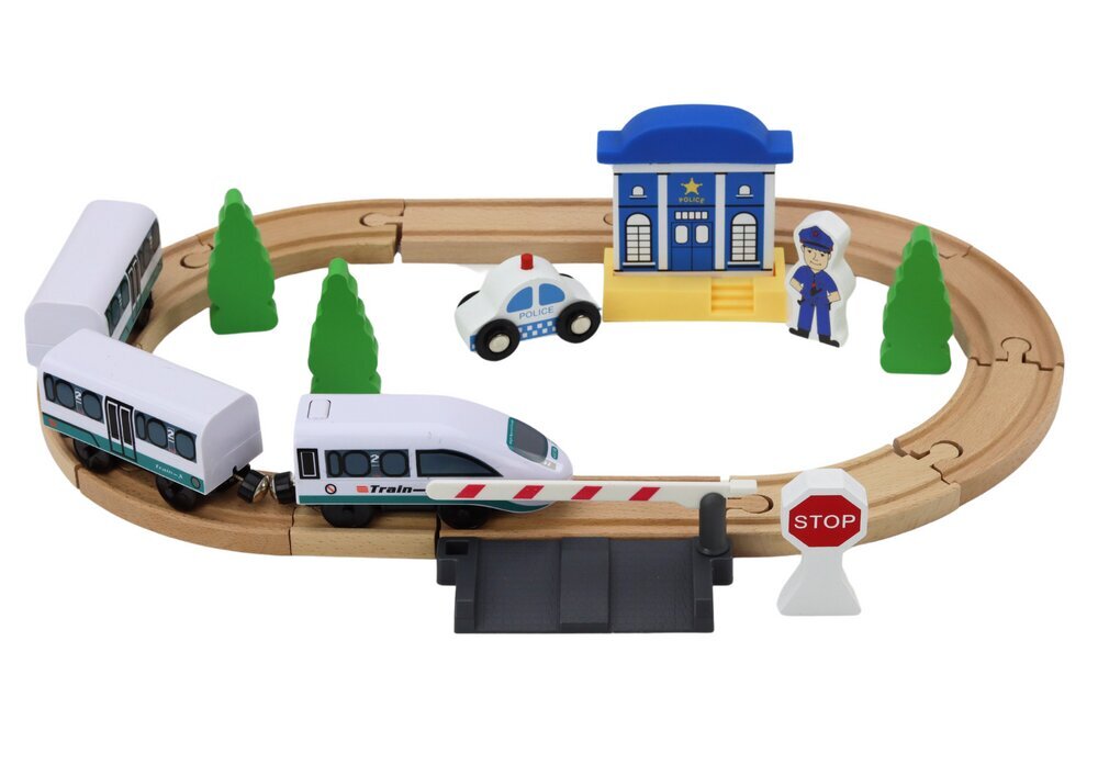 Puidust rongi ja politseiautoga rööbastee komplekt 3,2 m цена и информация | Poiste mänguasjad | kaup24.ee