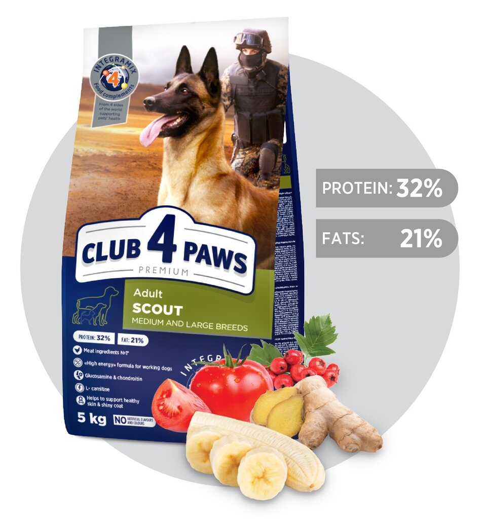 Club 4 Paws Premium kuivtoit täiskasvanud tööloomadele, keskmistele ja suurtele tõugudele "Scout", 5kg hind ja info | Kuivtoit koertele | kaup24.ee