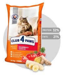 CLUB 4 PAWS Premium полнорационный сухой корм для взрослых кошек с HAIRBALL CONTROL, 14 кг цена и информация | Сухой корм для кошек | kaup24.ee