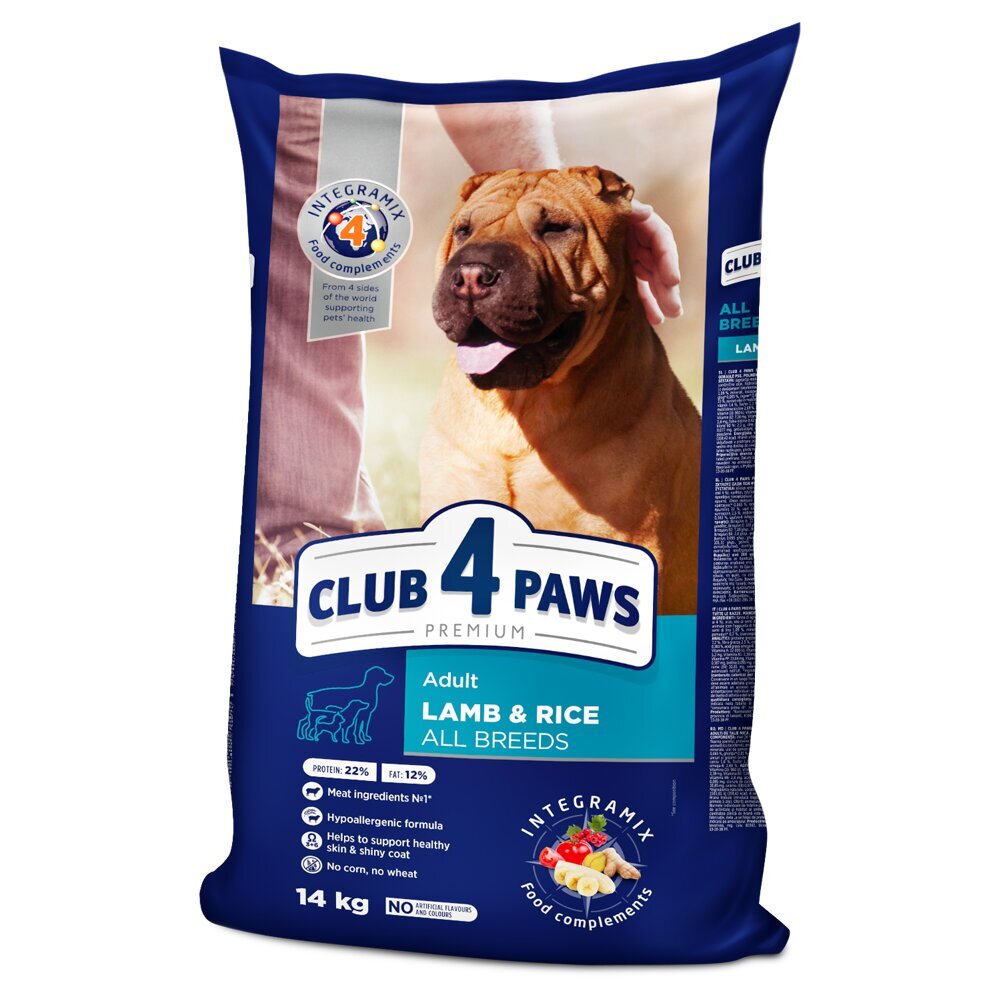 Club 4 Paws Premium kuivtoit täiskasvanutele, kõikidele tõugudele, lambaliha ja riisiga, 14kg hind ja info | Kuivtoit koertele | kaup24.ee