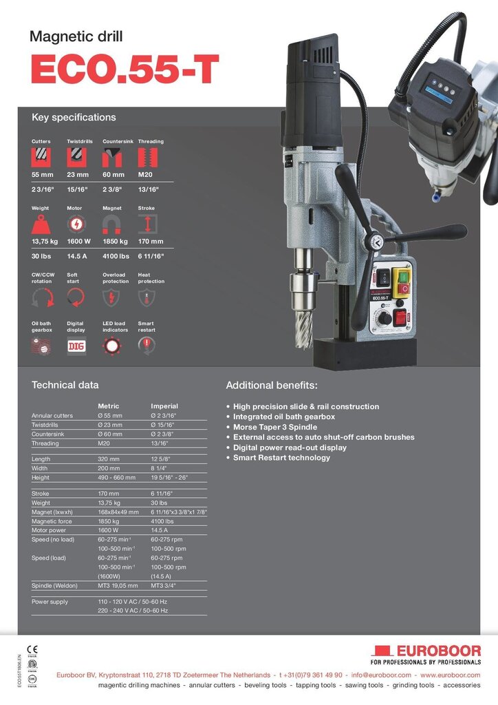 Magnet puurmasin EUROBOOR ECO 55-T, (Ø 12-55 mm) hind ja info | Akutrellid, kruvikeerajad | kaup24.ee