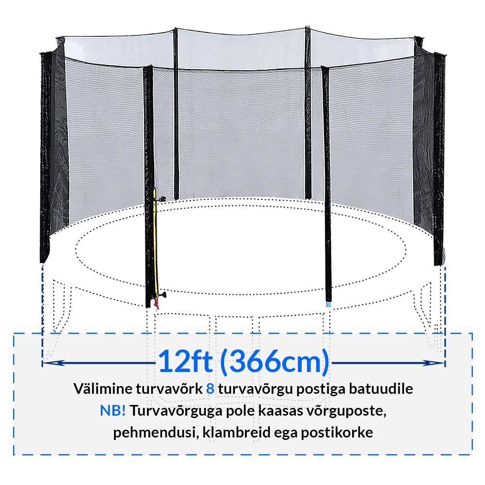 Turvavõrk Active24 12ft, 366cm, 8-le postile hind ja info | Batuudid ja batuudi varuosad | kaup24.ee