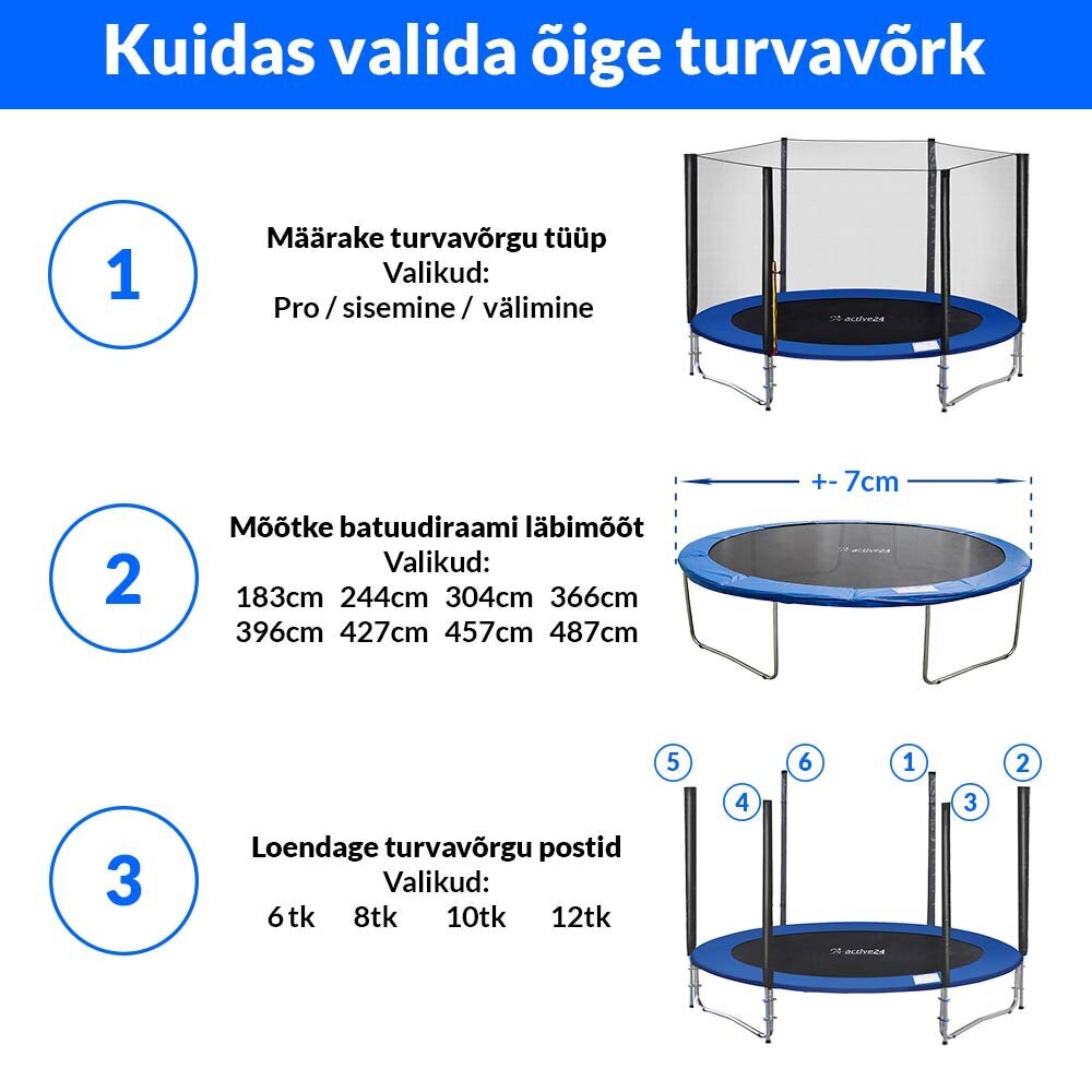 Turvavõrk Active24 8ft, 244cm, 6-le postile цена и информация | Batuudid ja batuudi varuosad | kaup24.ee