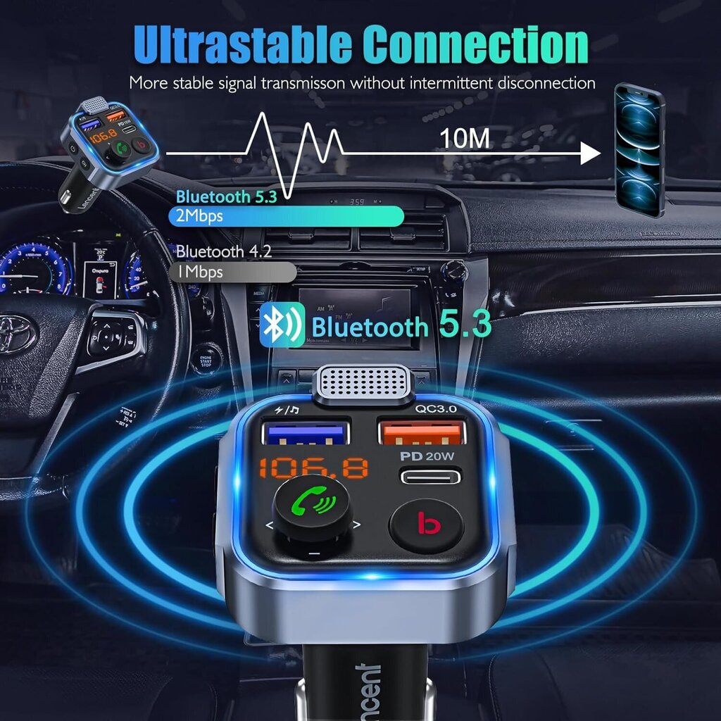 LENCENT Bluetooth FM Transmitter V5.3 hind ja info | FM modulaatorid, FM trasmitterid | kaup24.ee