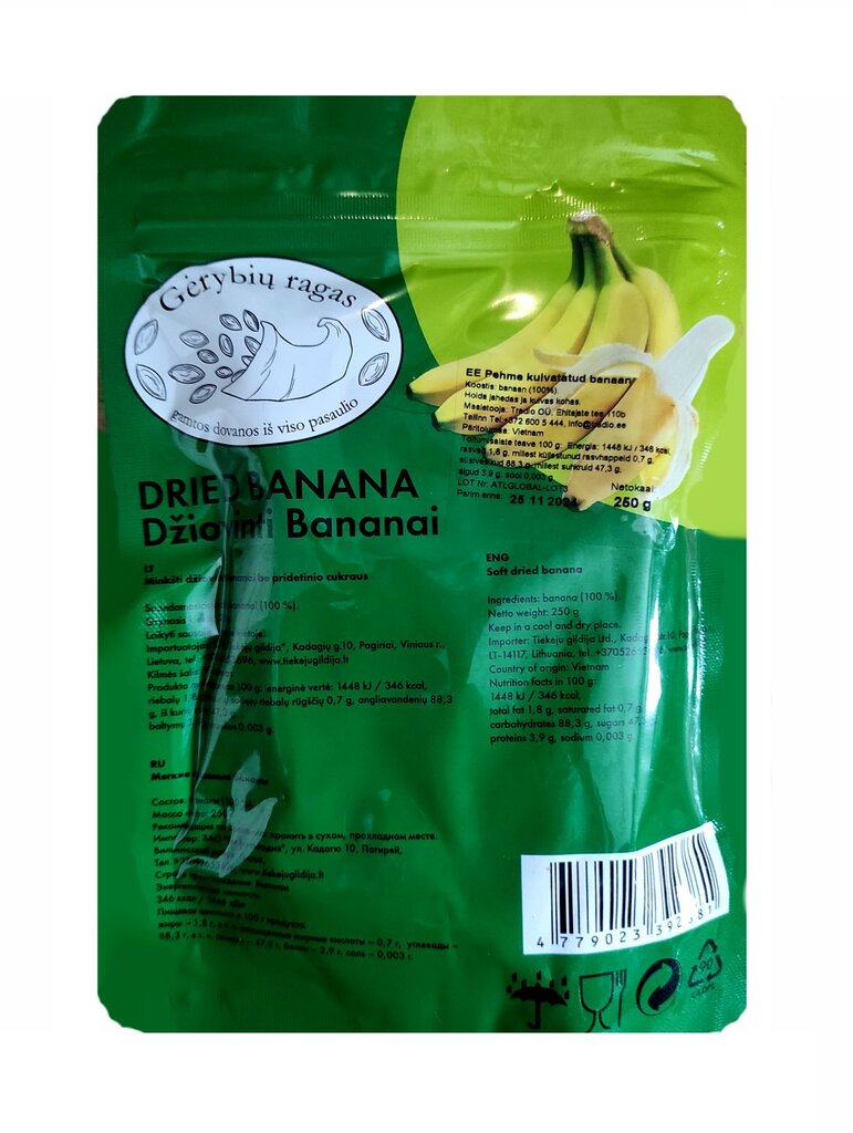 Vinnutatud banaanid, 250g hind ja info | Pähklid, seemned, kuivatatud puuviljad | kaup24.ee