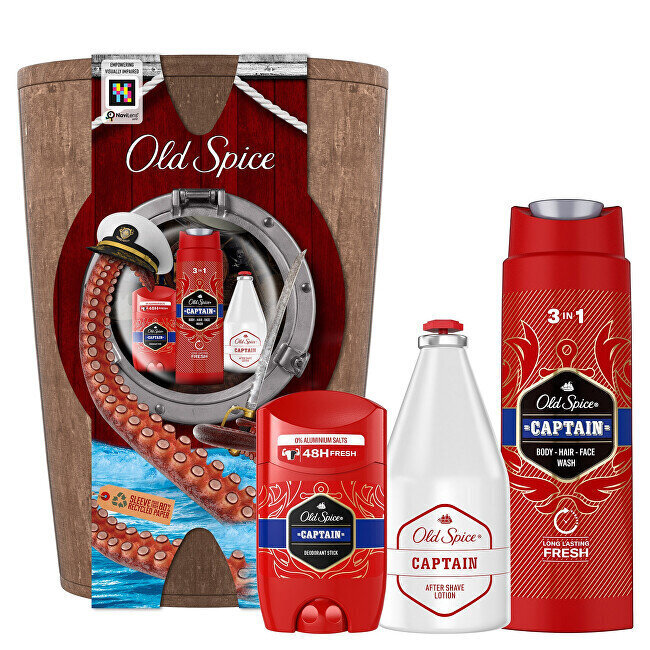 Kehahoolduskomplekt Old Spice Captain meestele: pulkdeodorant, 50 ml + 3in1 dušigeel näole, kehale ja juustele, 250 ml + raseerimisjärgne seerum, 100 ml + puidust tünn hind ja info | Dušigeelid, õlid | kaup24.ee