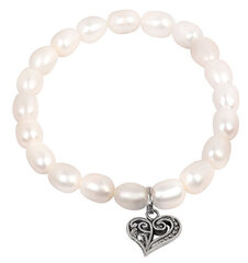 JwL Luxury Pearls Тонкий браслет из настоящего жемчуга с металлическим сердцем JL0417 цена и информация | Женские браслеты | kaup24.ee