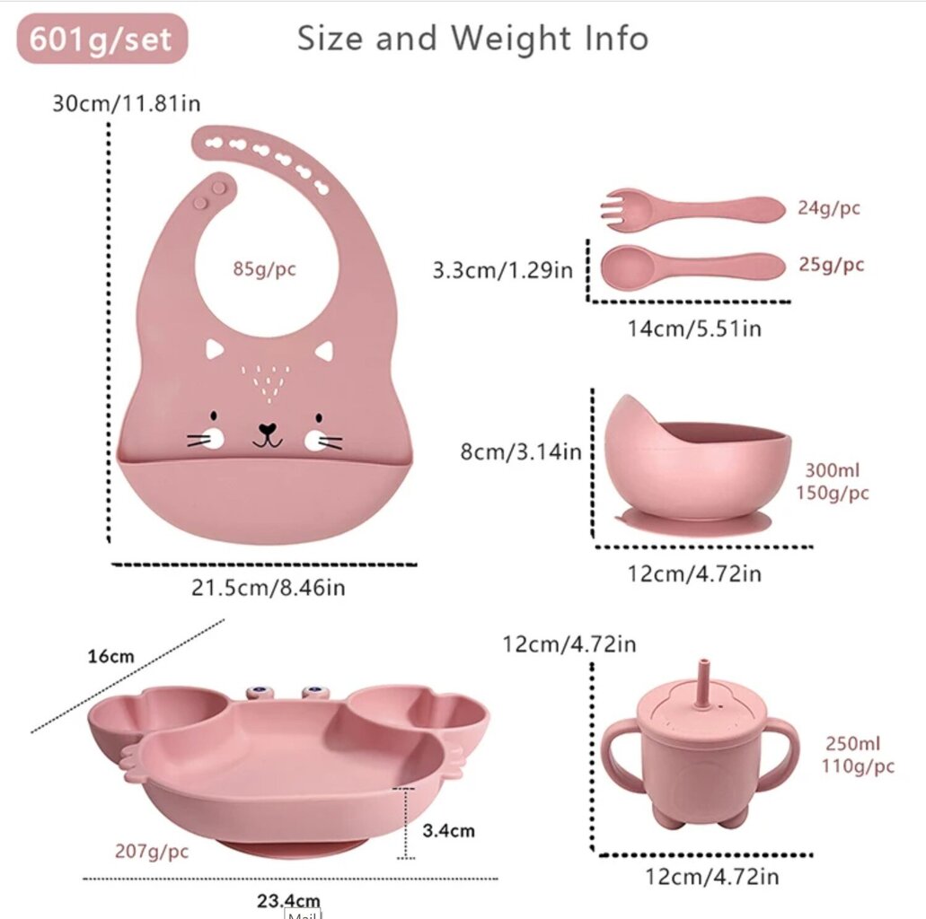 6-osaline silikoonist laste toidunõude komplekt, roosa цена и информация | Laste sööginõud | kaup24.ee