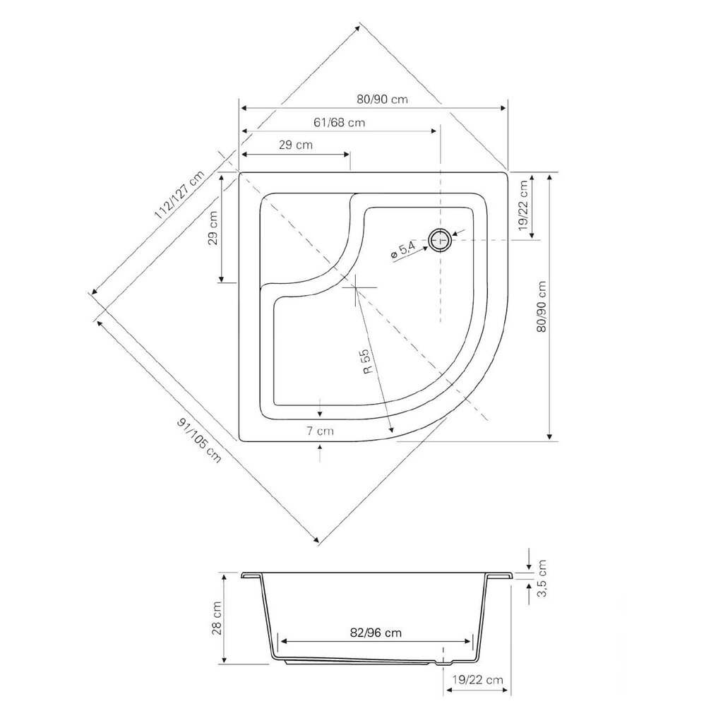 Dušialus 90x90 cm poolringikujuline akrüül esipaneeliga jalgadel, valge hind ja info | Dušialused | kaup24.ee