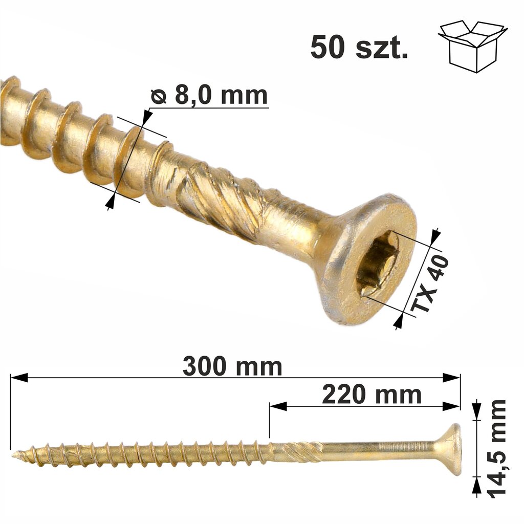 50 tk puidukruvid 8x300 mm, koonilised, TORX, Klimas WKCS цена и информация | Kinnitusvahendid | kaup24.ee