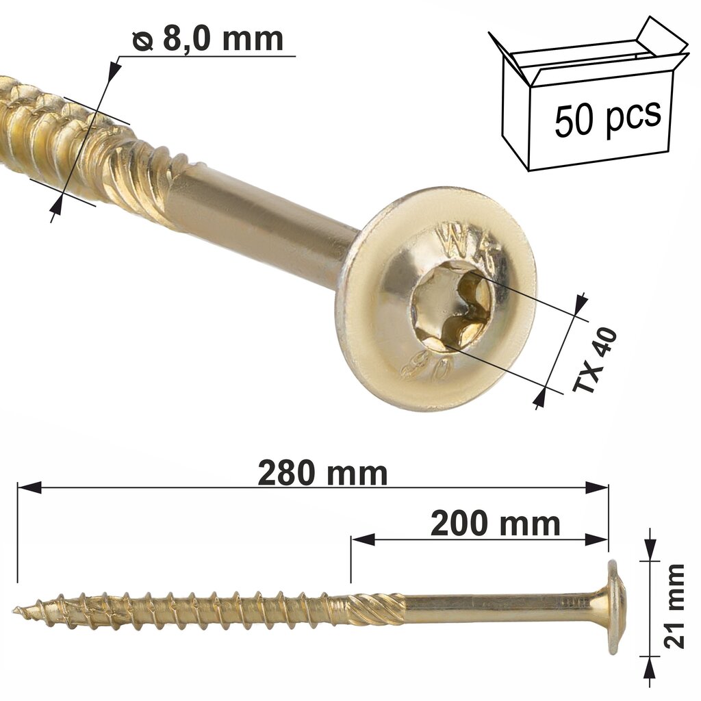 50 tk puidukruvid 8x280 mm, lamedad, TORX, Klimas WKCP hind ja info | Kinnitusvahendid | kaup24.ee