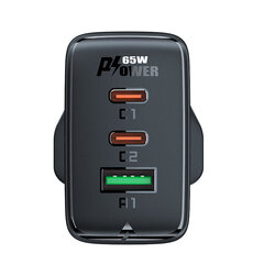 Acefast charger GaN 65W 3 ports (1xUSB, 2xUSB C PD) UK plug black (A44) цена и информация | Зарядные устройства для телефонов | kaup24.ee