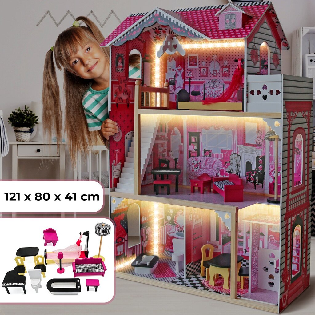 Puidust nukumaja koos mööbliga, LED valgustus 41 x 80 x 121 cm цена и информация | Tüdrukute mänguasjad | kaup24.ee