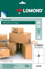 Lomond Self-Adhesive Paper Universal Labels, 4/105x148,5, A4, 50 sheets, White цена и информация | Канцелярские товары | kaup24.ee