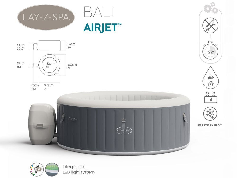 Täispuhutav mullivann 2-4 inimesele Jacuzzi LayZSpa BALI, Bestway цена и информация | Basseinid | kaup24.ee