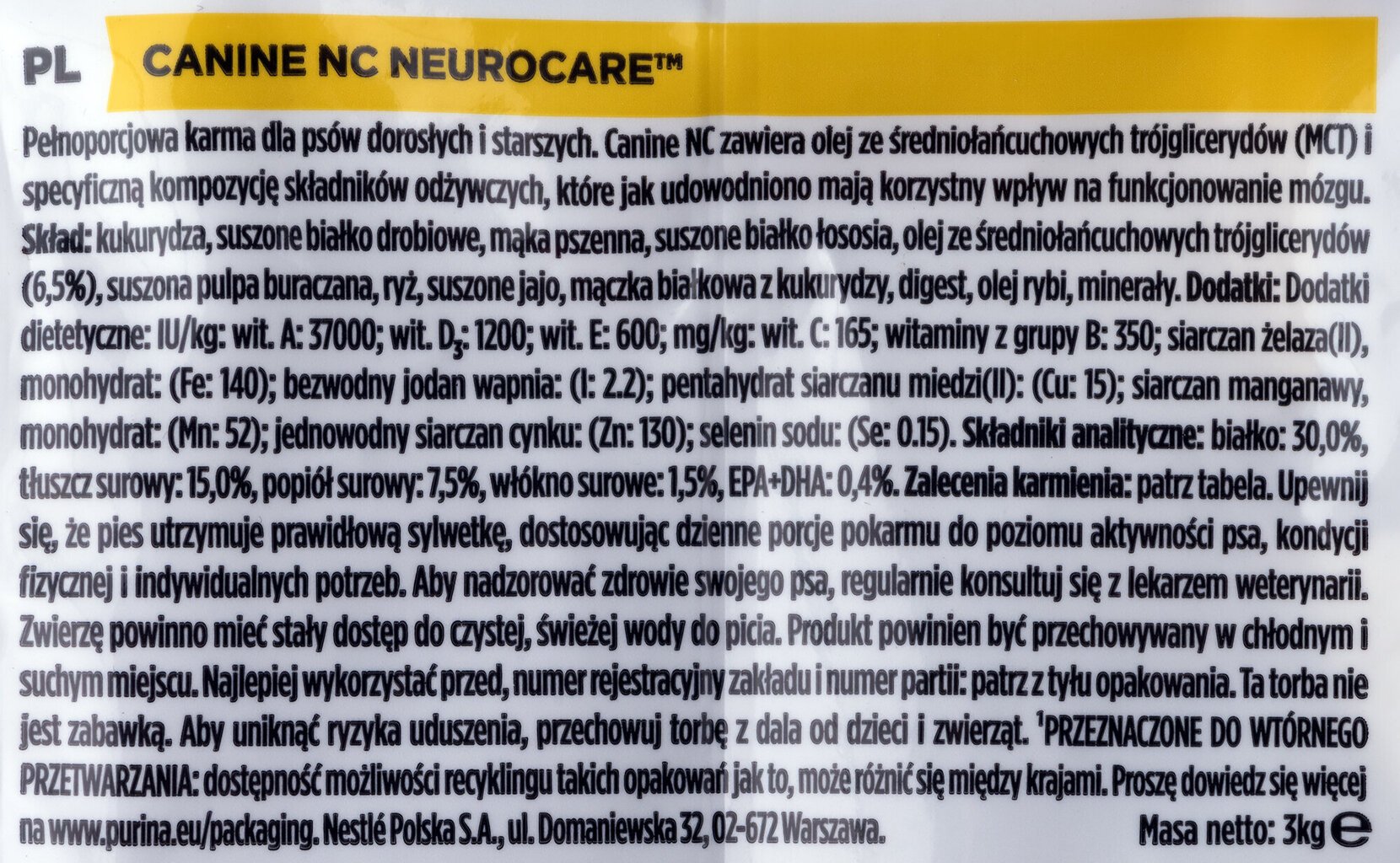 Purina Pro Plan Canine Nc Neurocare täiskasvanud koertele, 3 kg hind ja info | Kuivtoit koertele | kaup24.ee