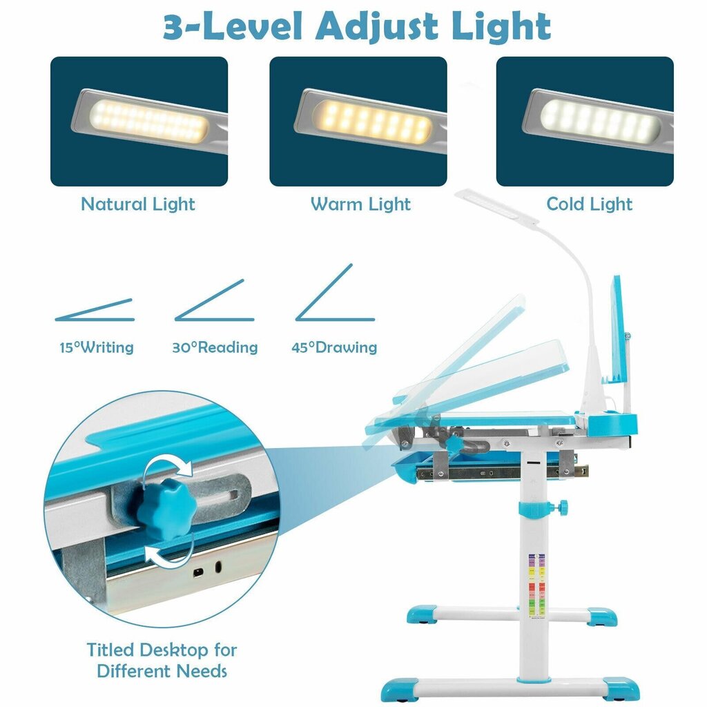 Reguleeritava kõrgusega lastelaud valgustiga Costway, sinine цена и информация | Laste lauad ja toolid | kaup24.ee