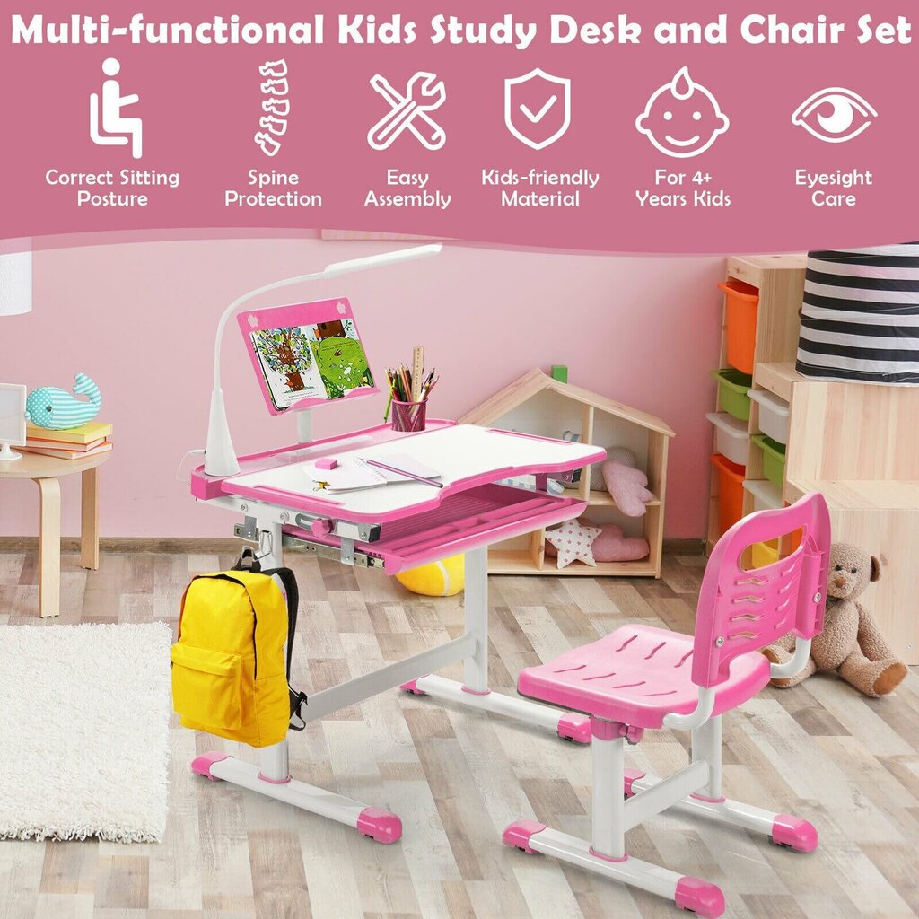 Reguleeritava kõrgusega lastelaud valgustiga Costway, roosa цена и информация | Laste lauad ja toolid | kaup24.ee