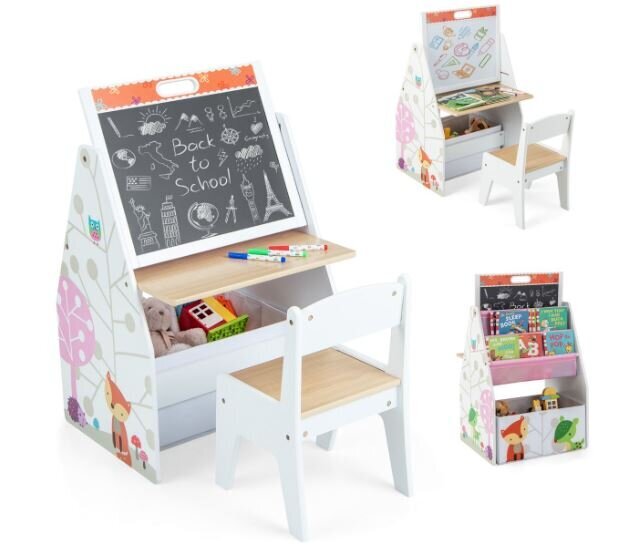 Kahepoolne lastelaud ja tool magnettahvliga Costway, valge цена и информация | Laste lauad ja toolid | kaup24.ee
