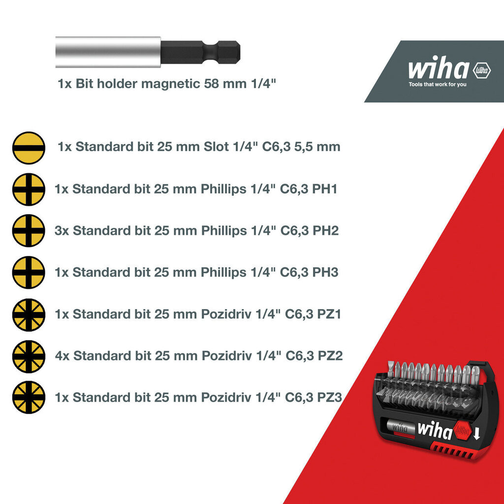 Otsikukomplekt Wiha FlipSelector Phillips, Pozidriv, 13 tk, 1/4" koos vööklambriga цена и информация | Käsitööriistad | kaup24.ee