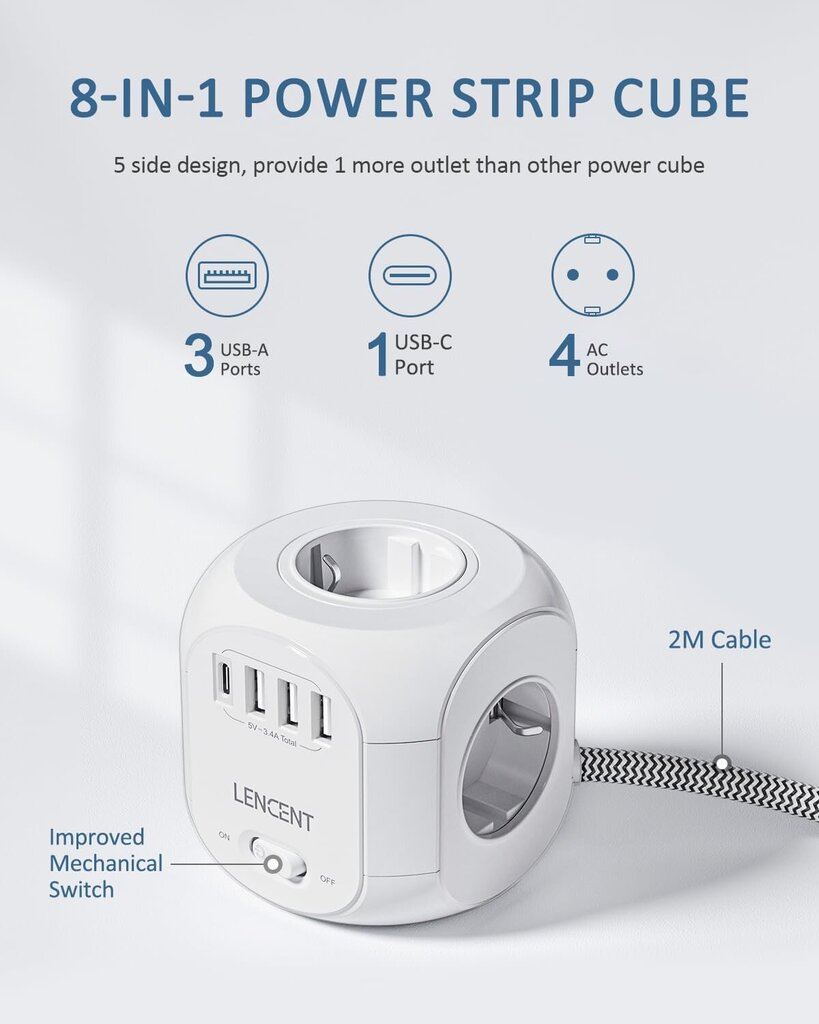 Toiteallikas Lencent Cube 2m hind ja info | Toiteplokid | kaup24.ee