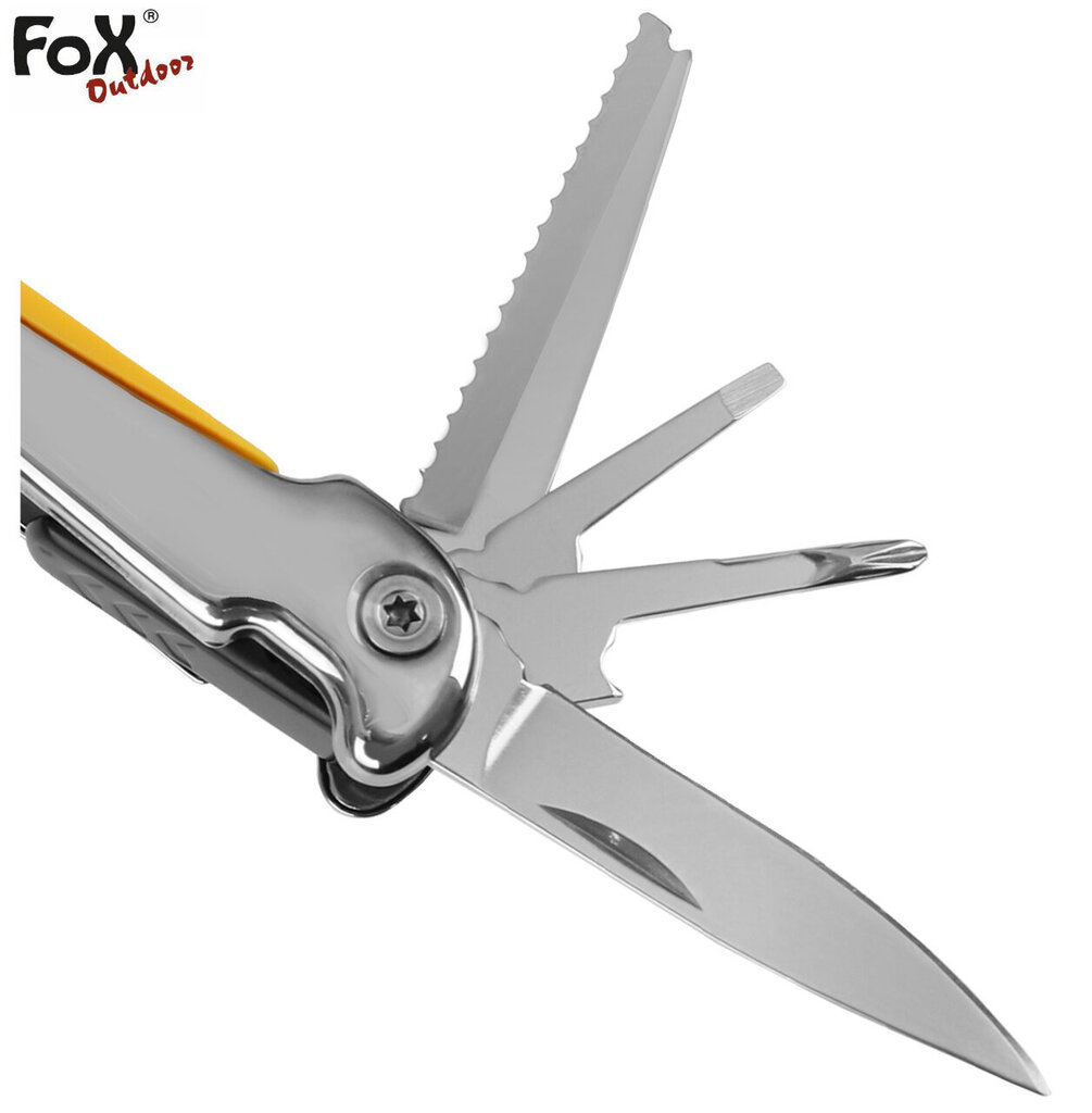 Multifunktsionaalne tööriist Multitool Fox Outdoor 9 tööriista kollane suur + kohver hind ja info | Taskunoad, multifunktsionaalsed tööriistad | kaup24.ee