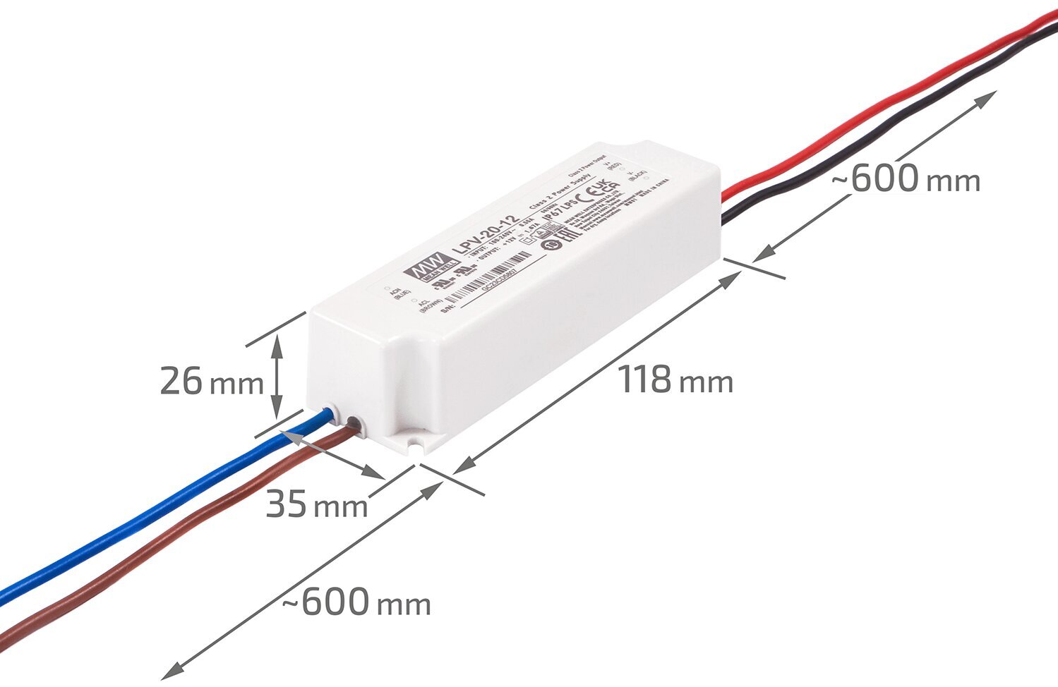 Mean Well LPV-20-12 12V 20W 1.67A IP67 modulaarne toiteallikas 12V 20W 1.67A цена и информация | Toiteplokid | kaup24.ee