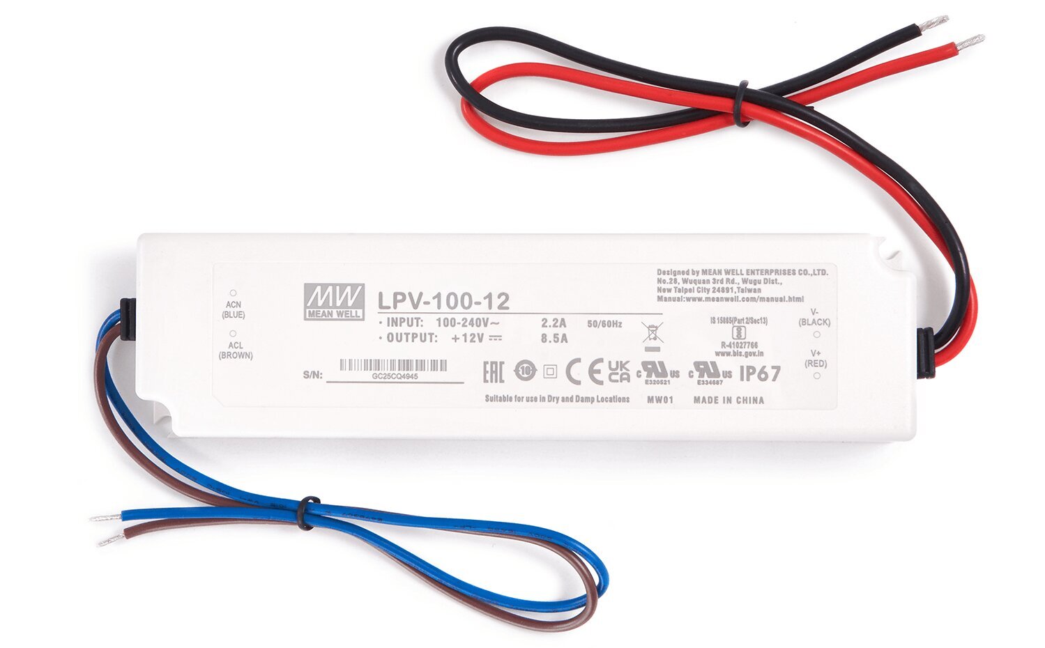 Mean Well modulaarne toiteallikas 12V LPV-100-12 100W 8,5A IP67 hind ja info | Toiteplokid | kaup24.ee