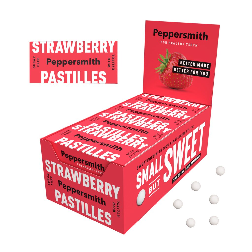 Ksülitooliga maasikamaitselised kommid Xylitol Peppersmith, 12 pakki цена и информация | Maiustused | kaup24.ee