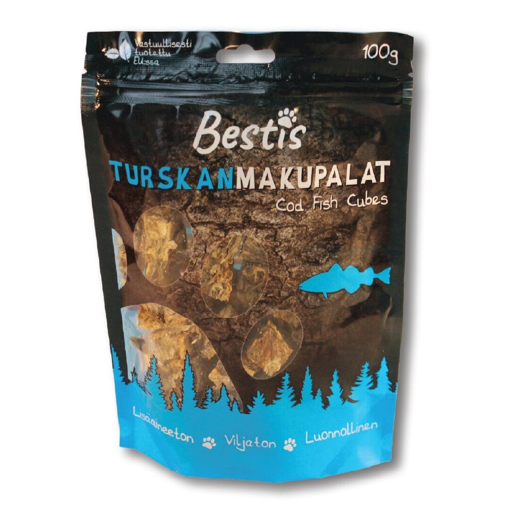 Bestis naturaalsed kuivatatud tursakala tükid koertele, 100g цена и информация | Maiustused koertele | kaup24.ee