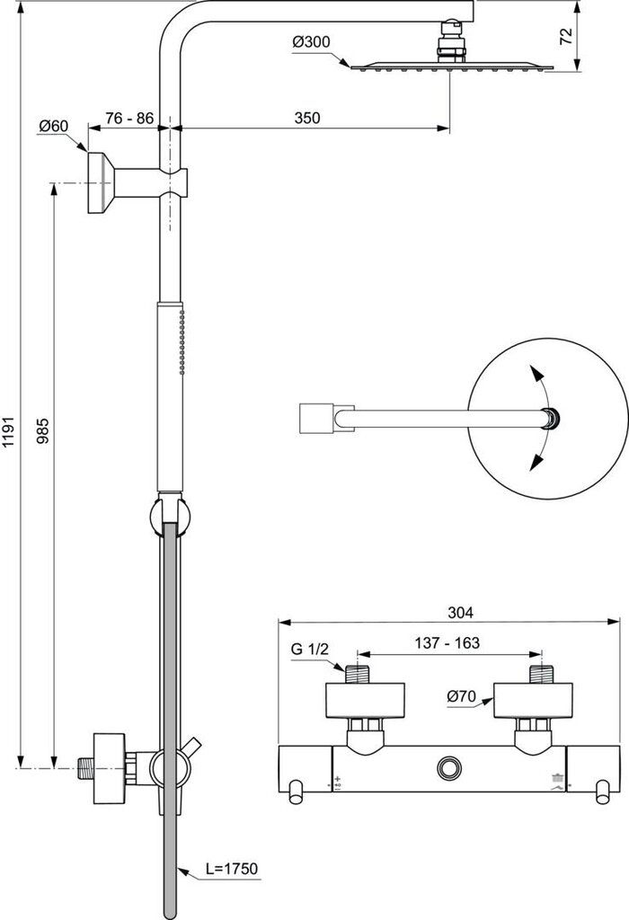 Dušisüsteem Ideal Standard Ceratherm T125, 300mm peaga ja Stick käsidušiga, Brushed Gold hind ja info | Komplektid ja dušipaneelid | kaup24.ee