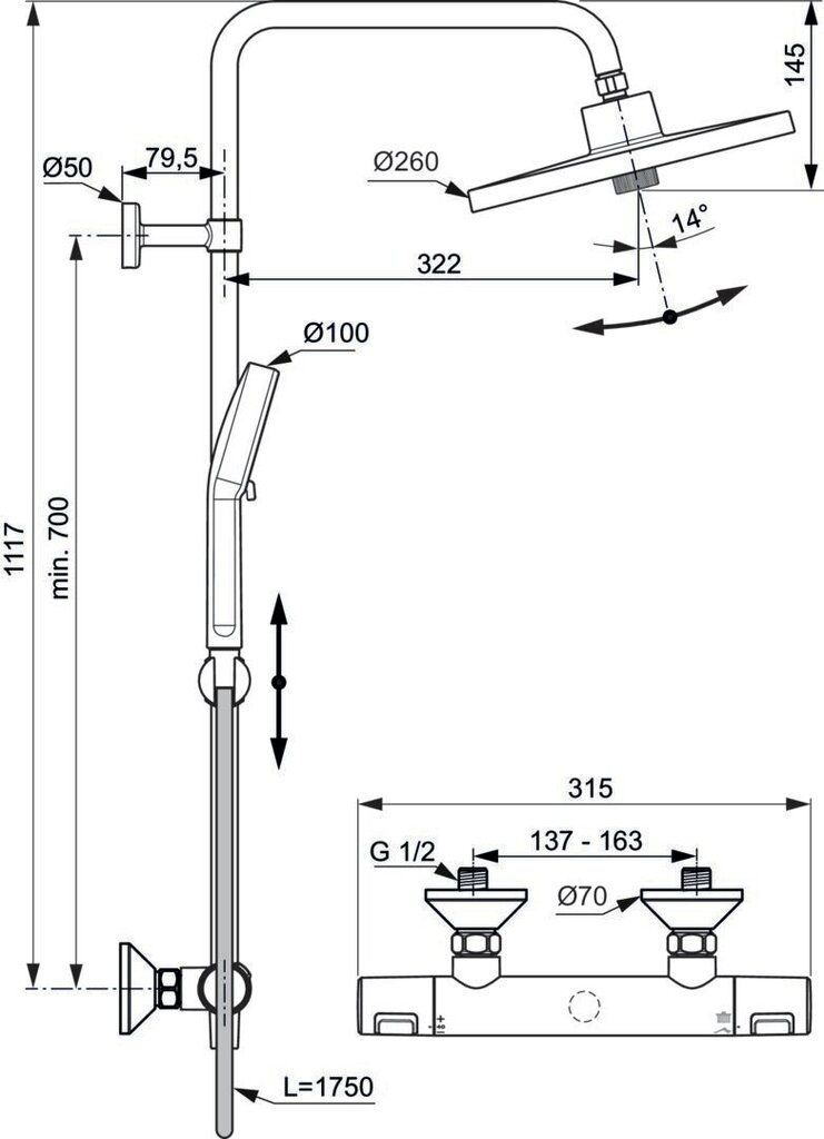 Dušisüsteem Ideal Standard Ceratherm T25+, 260mm peaga ja käsidušiga, Silk Black matt must hind ja info | Komplektid ja dušipaneelid | kaup24.ee