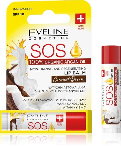 Huulepalsam Eveline Cosmetics SOS 100% Organic Argan Oil Coconut Dream 4.5ml цена и информация | Huulepulgad, -läiked, -palsamid, vaseliin | kaup24.ee