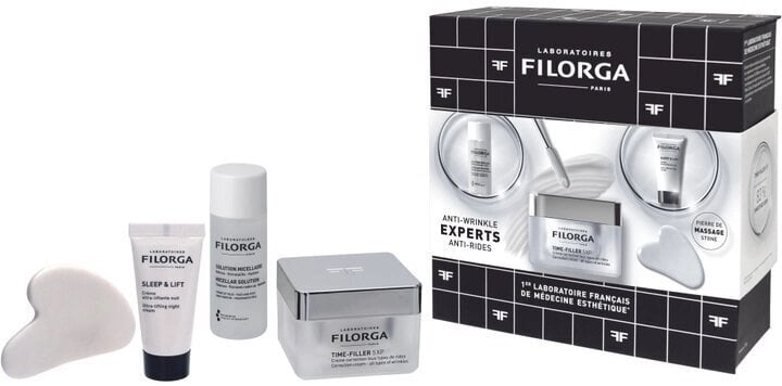 Näonaha hoolduskomplekt kortsude vastu Filorga: Kreemjas geel Time-Filler 5 XP, 50 ml + Mitsellaarvesi, 50 ml + Öine liftingkreem Sleep &amp; Lift, 15 ml + Massaažikivi 1 tk. hind ja info | Näokreemid | kaup24.ee