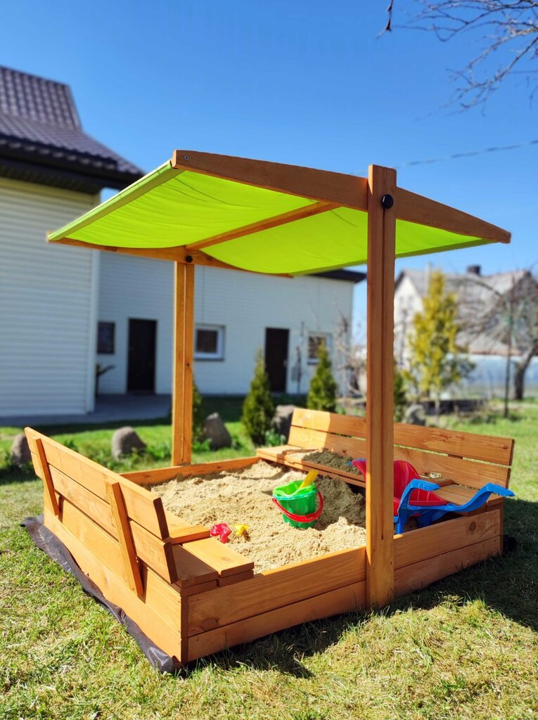 Immutatud puidust liivakast katusega 120×120 cm, kollane цена и информация | Liivakastid, liiv ja mänguasjad | kaup24.ee