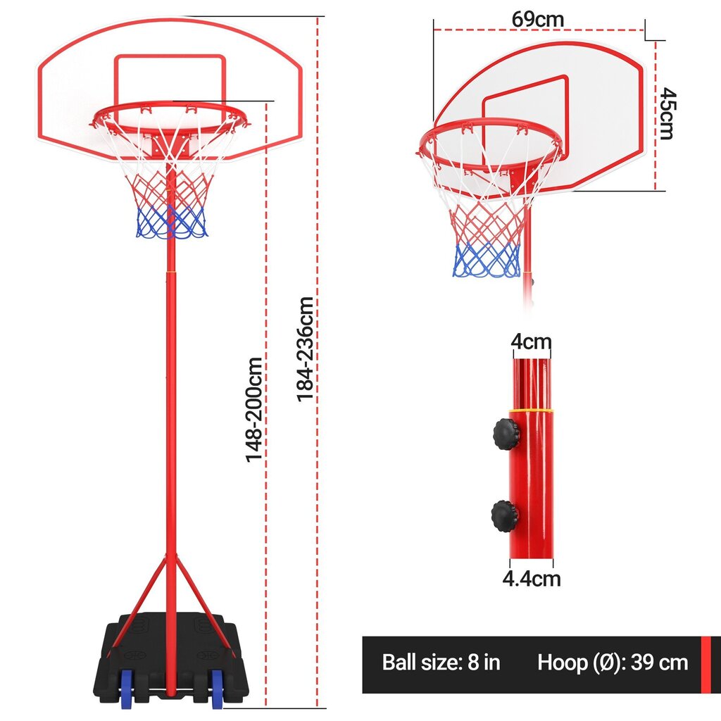 Korvpallirõngas korvpalli ja pumbaga, 2,36 m hind ja info | Korvpallilauad | kaup24.ee