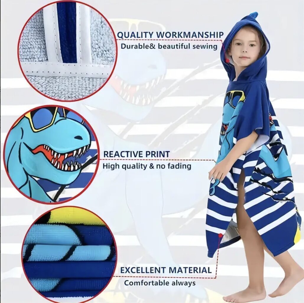 Laste rannarätik-pontšo kapuutsiga "Dinosaur", 60x90cm hind ja info | Rätikud, saunalinad | kaup24.ee