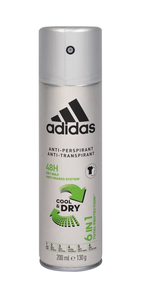 Higistamisvastane deodorant meestele Adidas 6 in 1, Cool&Dry, 200 ml hind ja info | Lõhnastatud kosmeetika naistele | kaup24.ee