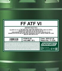 Масло трансмиссионное Fanfaro 8615 ATF Dexron VI, 20 л цена и информация | Другие масла | kaup24.ee