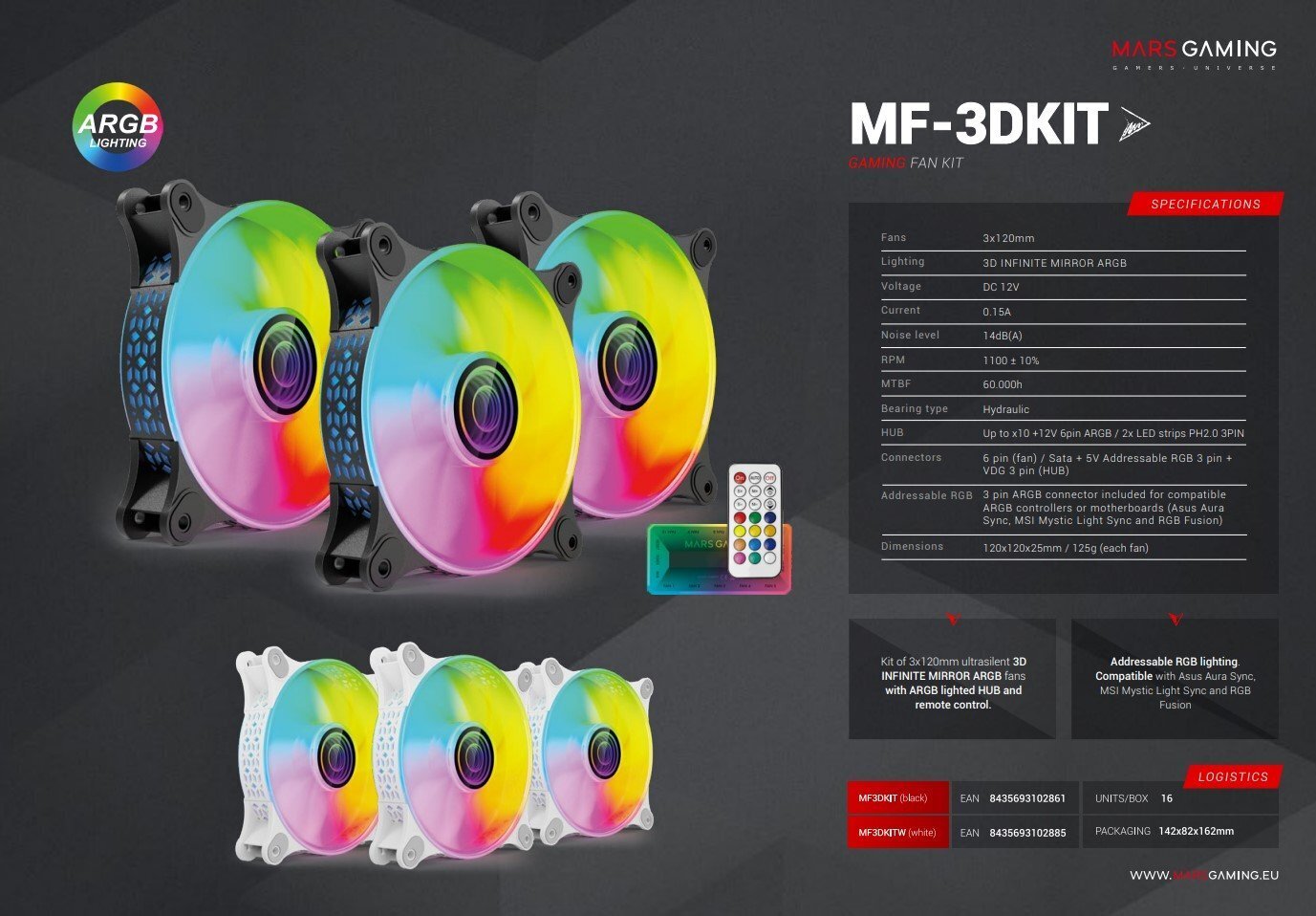 MARS GAMING MF-3DKIT Infinity Mirror ARGB 120mm kaugjuhtimispuldiga arvuti jahuti komplekt hind ja info | Arvuti ventilaatorid | kaup24.ee