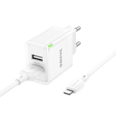 Сетевая зарядка Borofone BN15 2xUSB-A + USB-A to Lightning cable 1.0 м, белая цена и информация | Зарядные устройства для телефонов | kaup24.ee