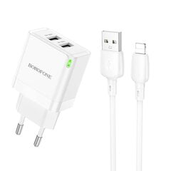 Сетевая зарядка Borofone BN15 2xUSB-A + USB-A to Lightning cable 1.0 м, белая цена и информация | Зарядные устройства для телефонов | kaup24.ee