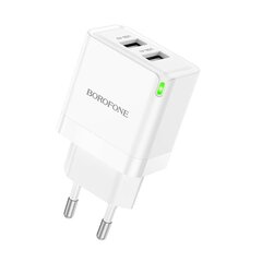 Сетевая зарядка Borofone BN15 2xUSB-A, белая цена и информация | Зарядные устройства для телефонов | kaup24.ee