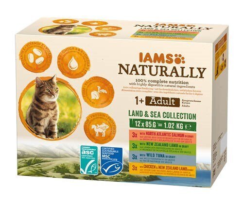 IAMS Naturally Adult komplekt täiskasvanud kassidele, 12x85 g hind ja info | Konservid kassidele | kaup24.ee