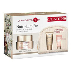 Nutri-Lumière nahka toitev komplekt Komplekt näonahale Clarins Nutri-Lumière: Toitev päevakreem näole, 50 ml + toitev öökreem näole, 15 ml + meigialuskreem Rose SOS Primer, 5 ml + kosmeetikakott hind ja info | Näokreemid | kaup24.ee