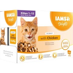 IAMS Delights märgtoit kassipoegadele kanaga, 12x85 g hind ja info | Konservid kassidele | kaup24.ee