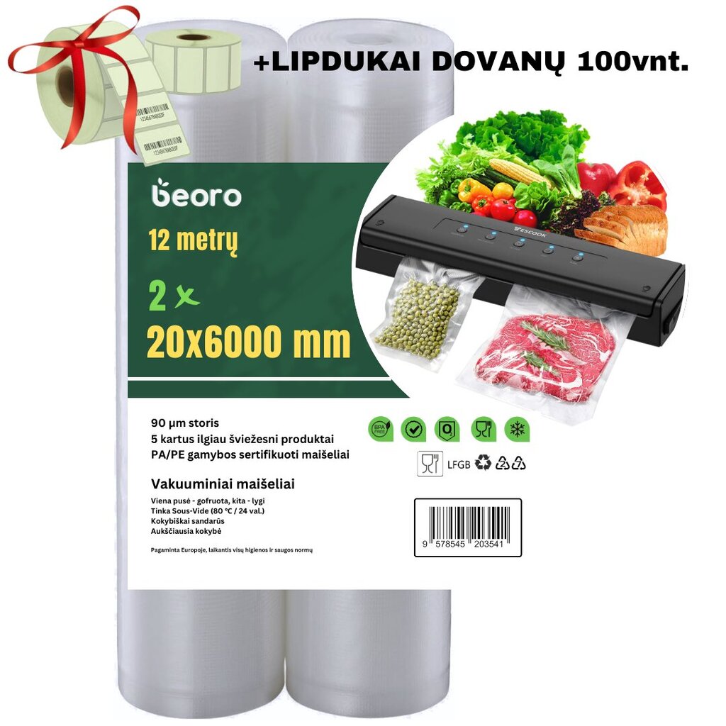 Vaakumpakendamise kotid Beoro 2 x 20 x 600 cm, 2 rulli цена и информация | Vaakumpakendajad | kaup24.ee