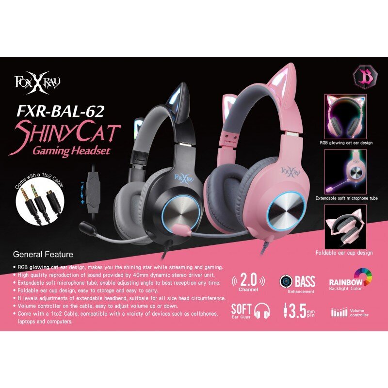 Foxxray ShinyCat Gaming Headset Wired Black/Pink hind ja info | Kõrvaklapid | kaup24.ee